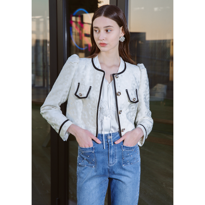 【千颂妮专享】恩曼琳初秋新款黑白撞色提花短款外套小香风上下装EA