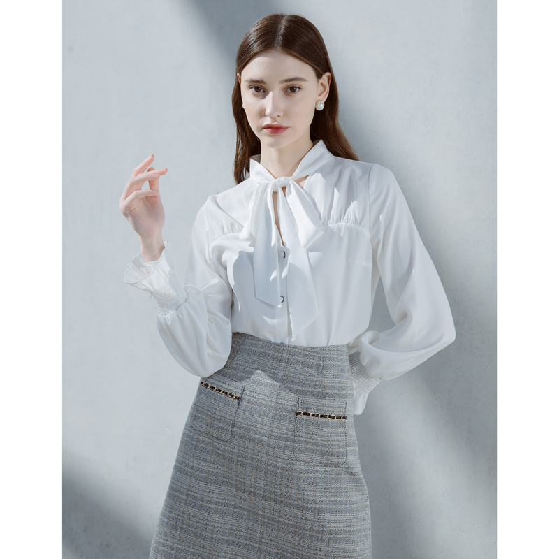 【粉丝专享】恩曼琳春季简约飘带领白色喇叭袖长袖衬衫女EANDAH42