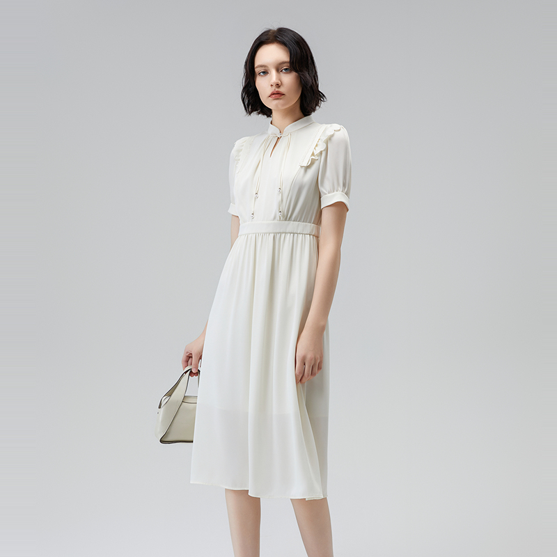 ANMANI恩曼琳夏季新款立领盘扣木耳边收腰A摆连衣裙EANEBA18