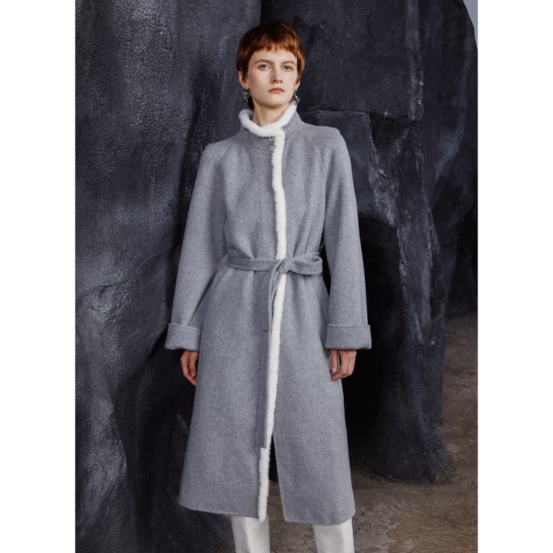 ANMANI恩曼琳秋冬新款绵羊毛混纺呢长款毛呢大衣EANDDA18