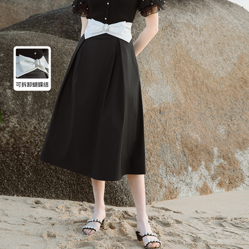 ANMANI恩曼琳夏季新款法式优雅蝴蝶结腰封A字半身裙EANDBB22