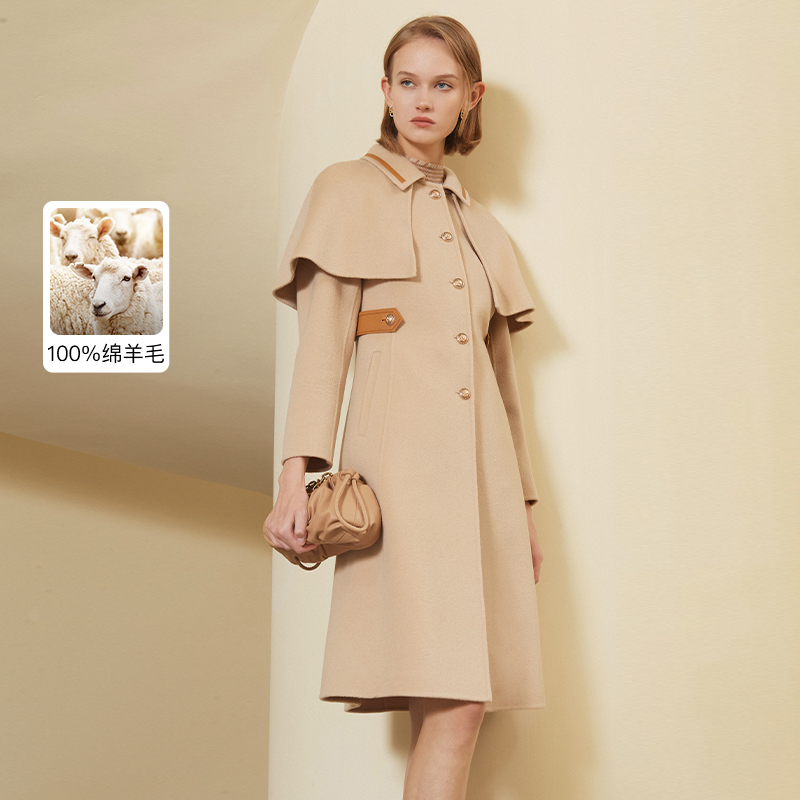 ANMANI恩曼琳秋冬新款法式斗篷100%羊毛双面呢长款大衣EANDCW14