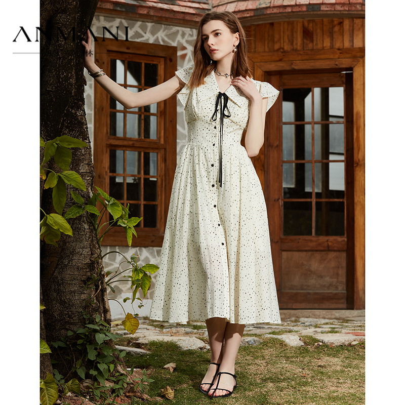 ANMANI恩曼琳新款荷叶边收腰长款碎花茶歇连衣裙EANEAH30