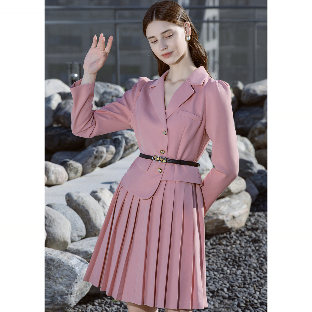 【诗语专属】恩曼琳 通勤高腰假两件百褶裙西装连衣裙EANDAA90