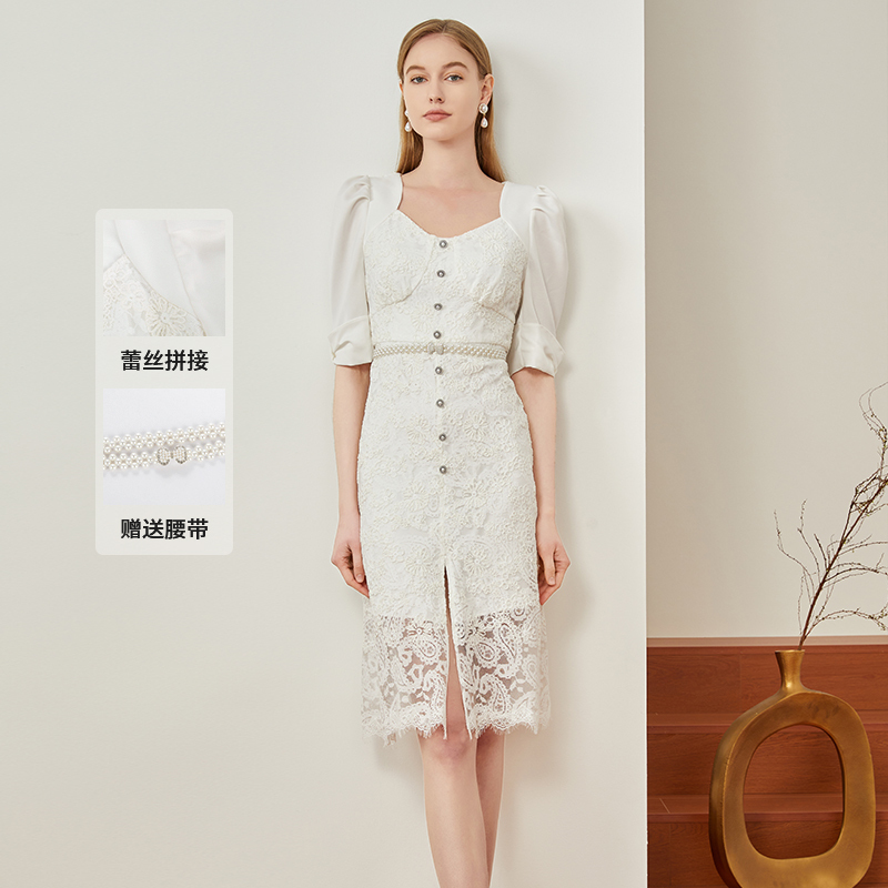 【彭彭echo专属】恩曼琳春季新款法式方领假两件高腰蕾丝连衣裙EAND