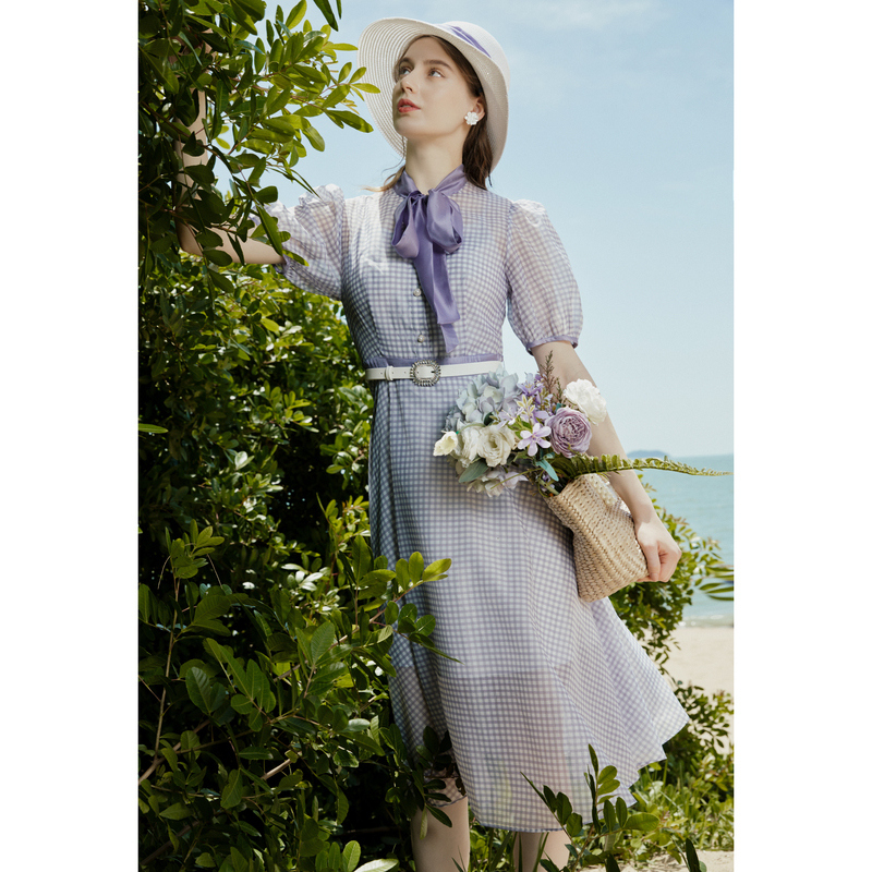 【蜜思仝专享】恩曼琳夏新品格纹腰带蝴蝶结系带泡泡袖连衣裙女EANC