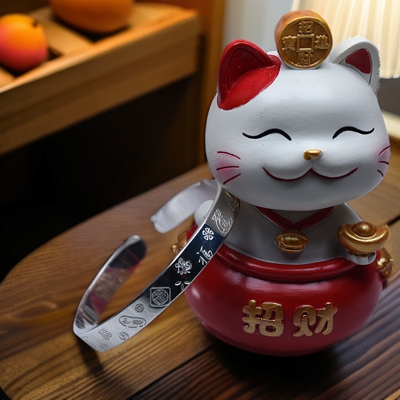 足银手镯 假一赔十足银999.9福字手镯女纯银亮面实心福袋开口镯子