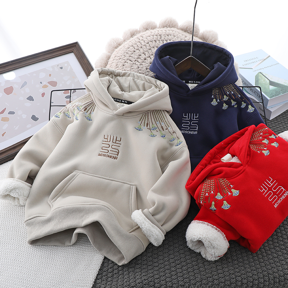中国风年服儿童加绒加厚卫衣宽松时尚冬季保暖男女中大童连帽打底