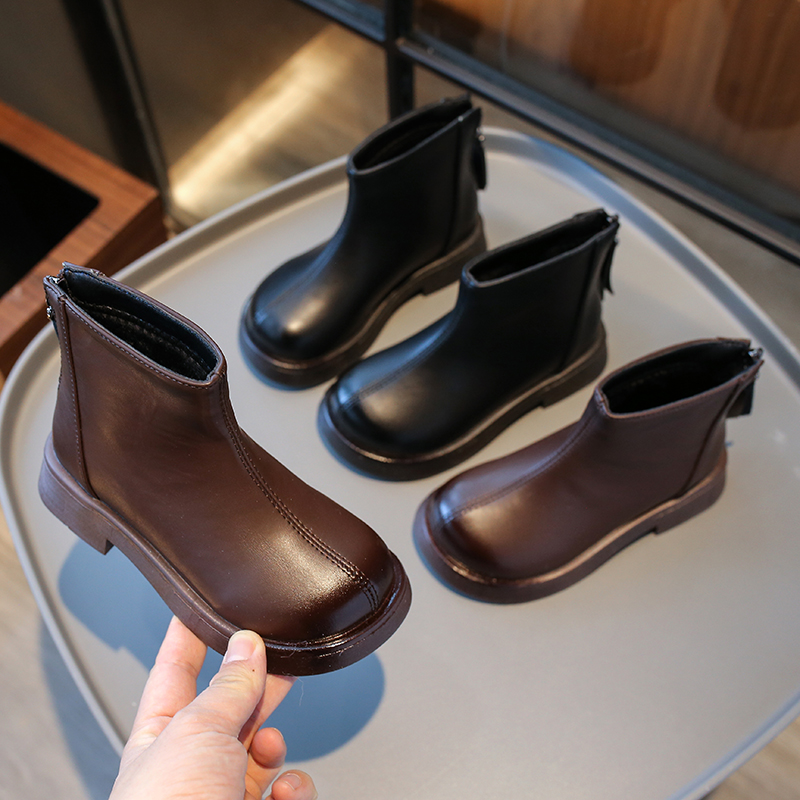 现货儿童靴子23秋冬新款中大童鞋女童加绒休闲短靴擦色烟筒靴997