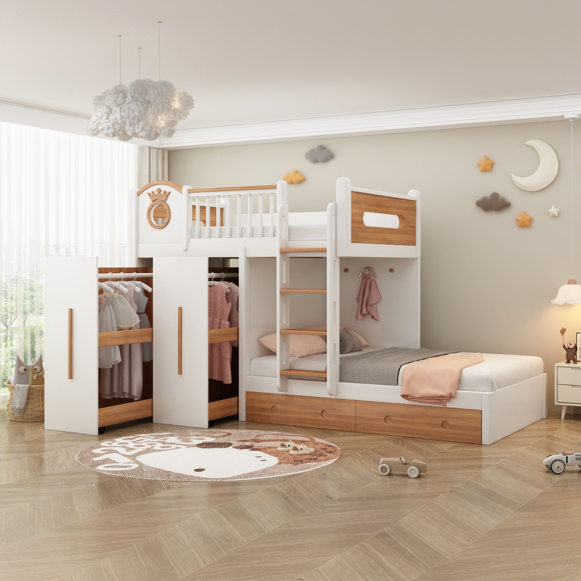 交错式子母床美式轻奢上下铺双人床功能性上下床儿童床错位床两用