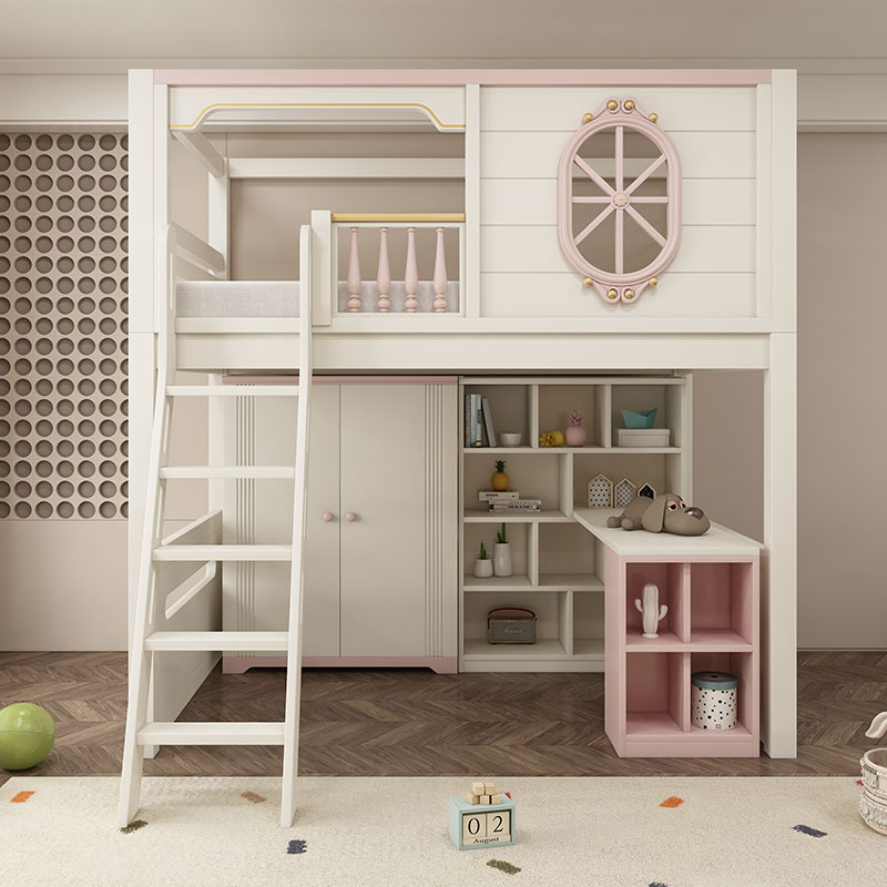 美式实木儿童床上床下桌多功能高低床衣柜储物床儿童树屋床上下铺