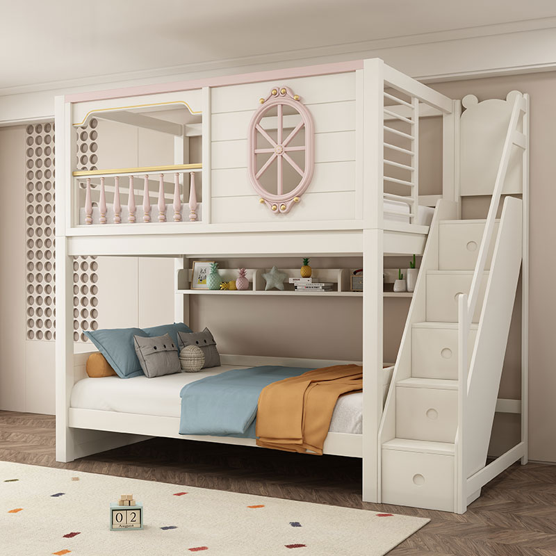 美式粉色高低铺上下床实木子母床定制铺双人床高低床儿童房双层床