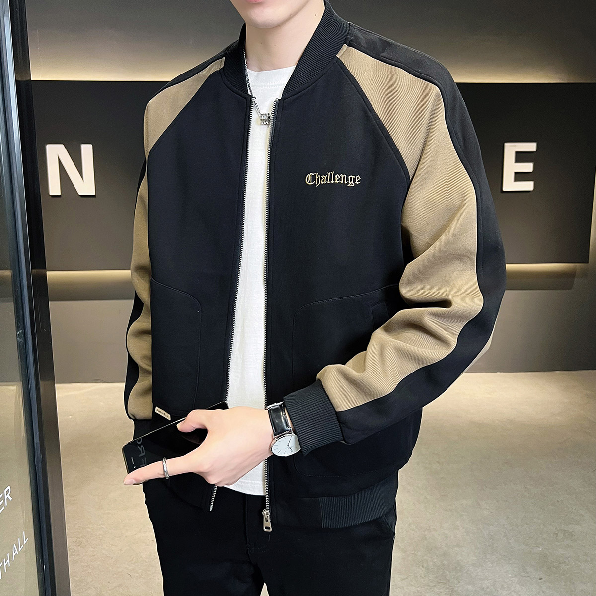 运动休闲外套男士春秋季2023新款拼色夹克潮牌痞帅高级感开衫卫衣