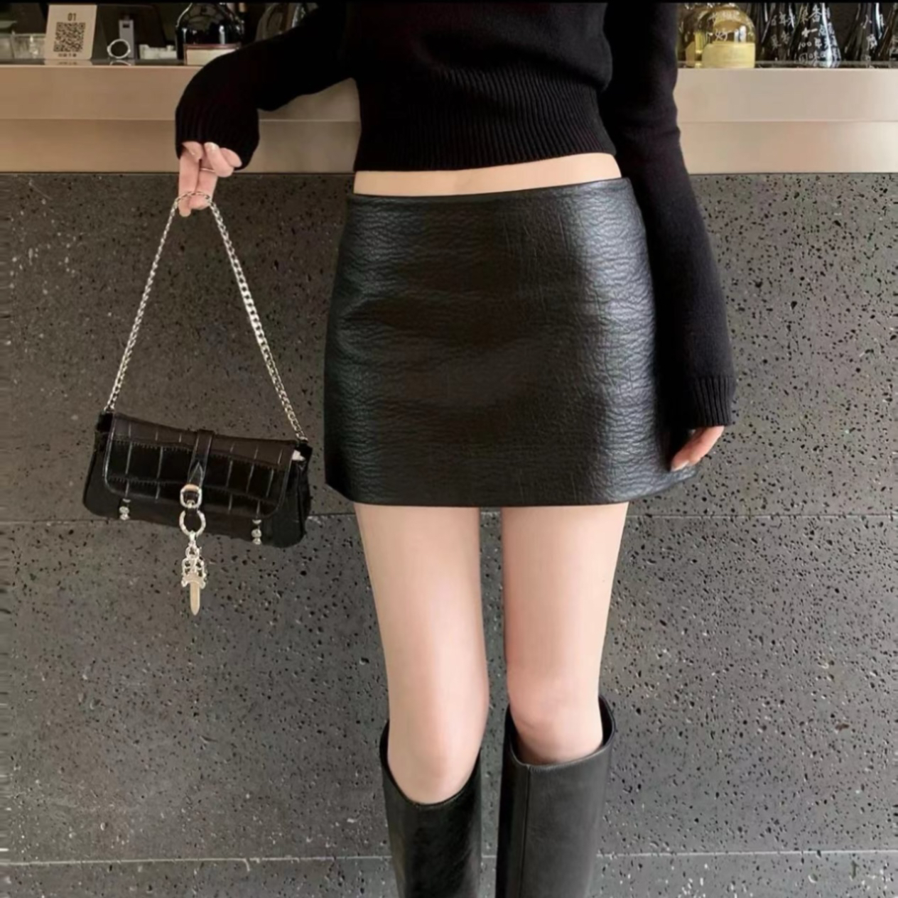 FASC自制【超优比例】包臀裙ins显瘦黑色皮裙半身裙短裙A字纯欲辣妹
