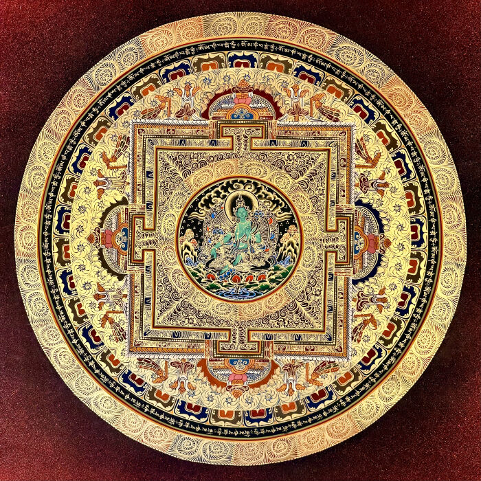 尼泊尔画师亲工手绘矿料玄关装饰画彩唐绿度母本尊坛70