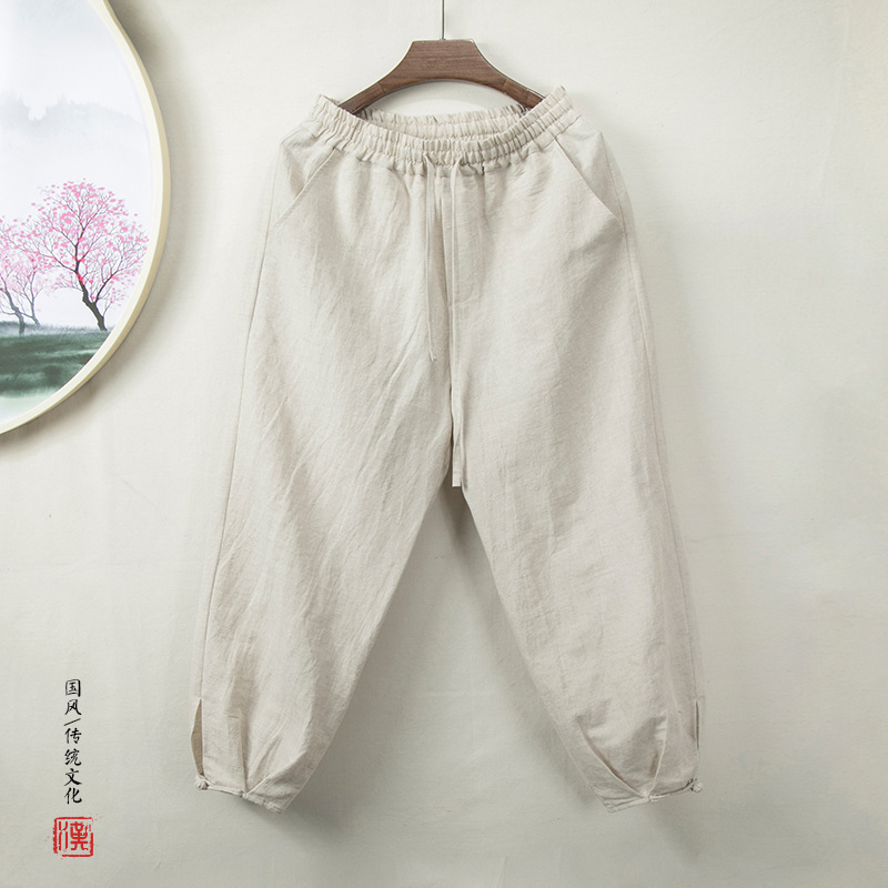 纯亚麻男裤九分裤夏季休闲裤中国风大码男裤阔腿裤中式唐装灯笼裤