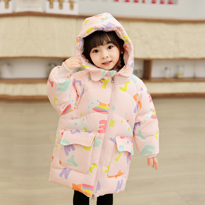 儿童羽绒服女童中长款2023冬季新款中小童韩版洋气印花保暖外套潮