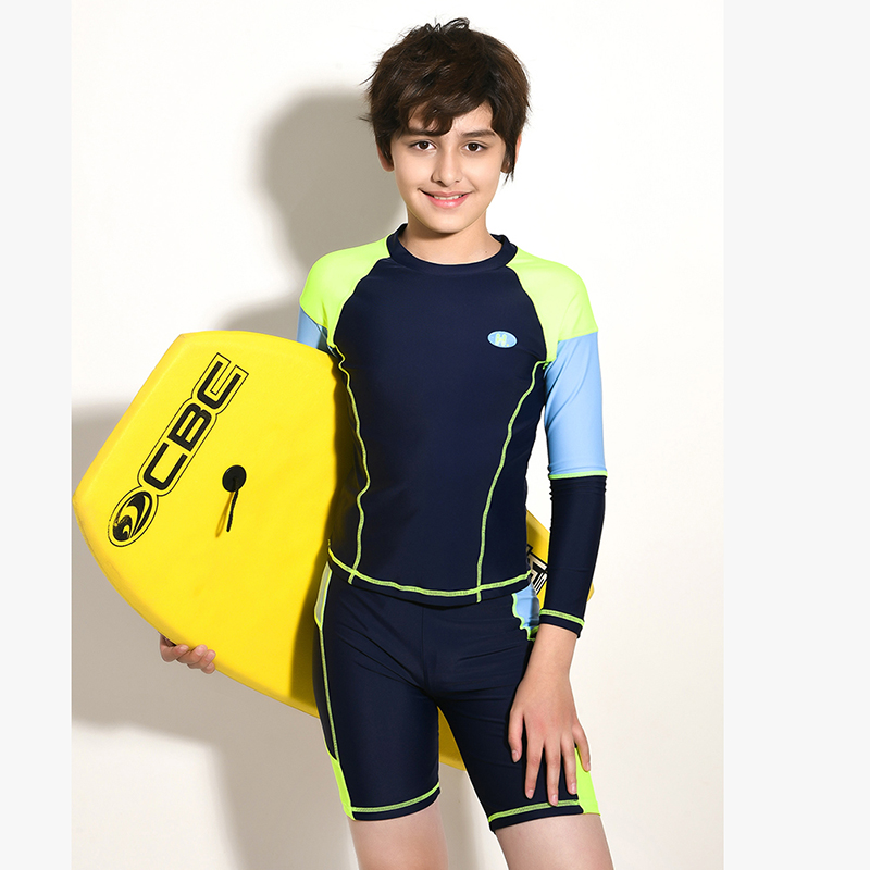 海汐澜景儿童男童泳衣长袖防晒中大童初高中学生大童分体防晒泳衣