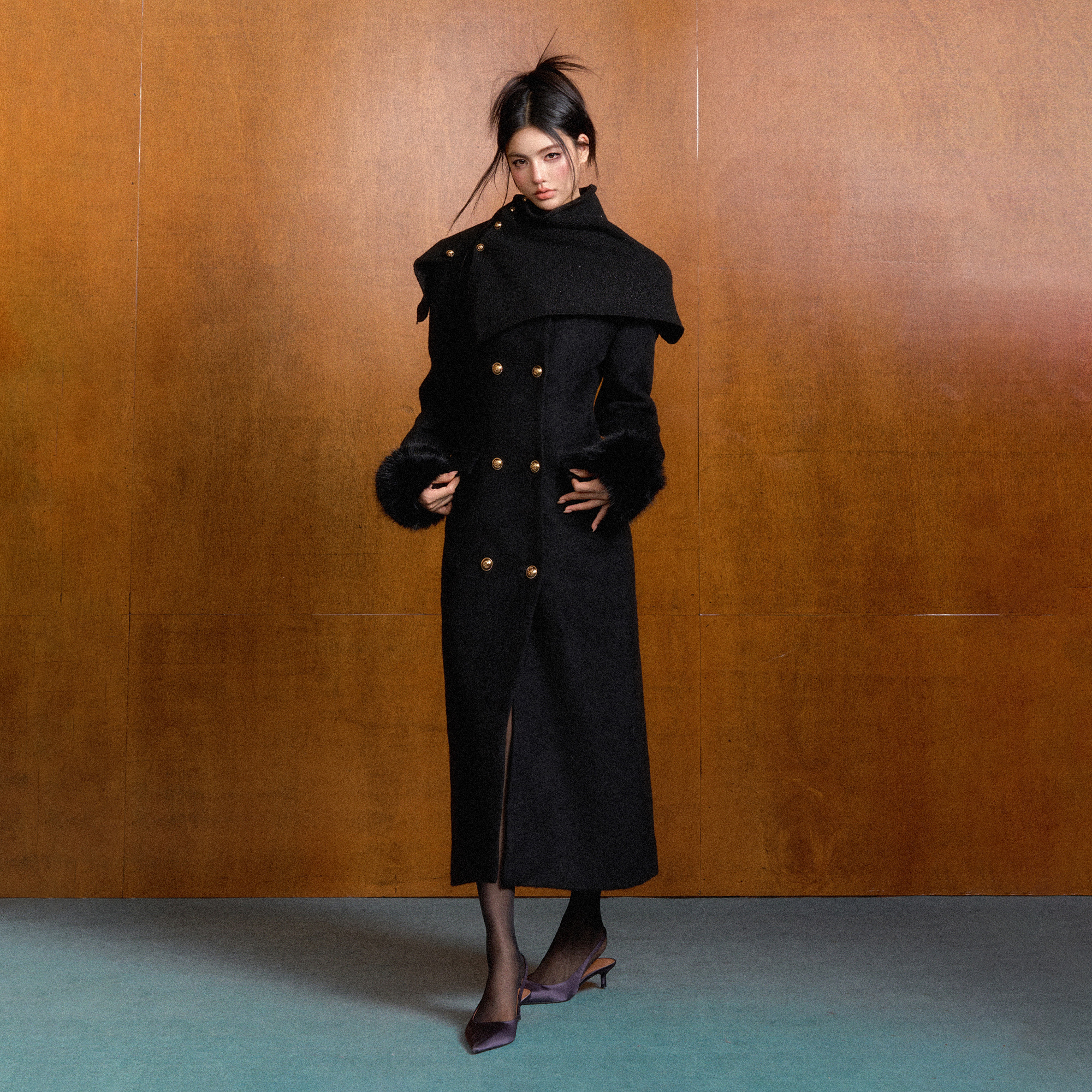 AGAM STUDIO【官方专享】冬季长款可拆皮草收腰羊毛毛呢大衣