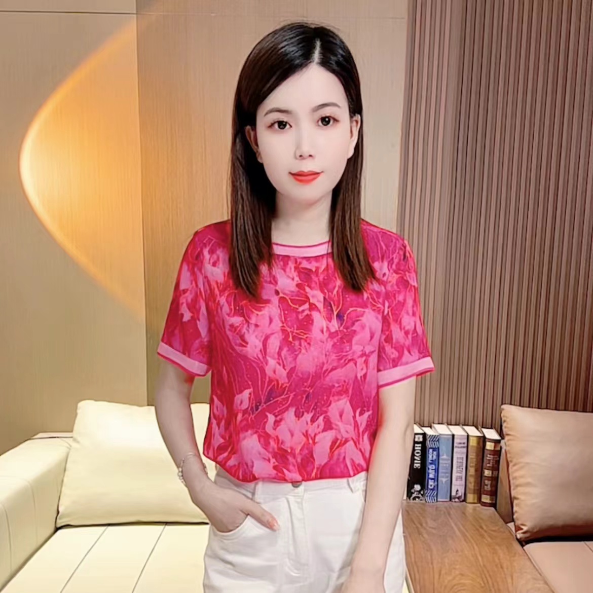 玫宝娜 款显瘦气质时尚百搭印花深粉色短袖上衣S09647