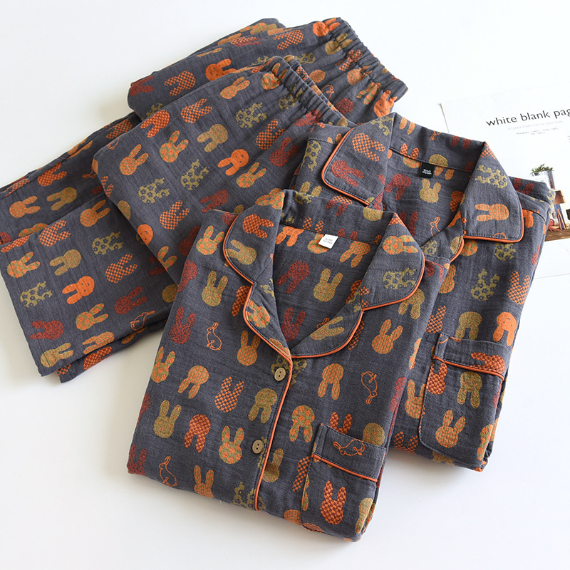 全棉情侣睡衣女士春秋长袖大码复古两件套可外穿家居服秋冬男睡衣