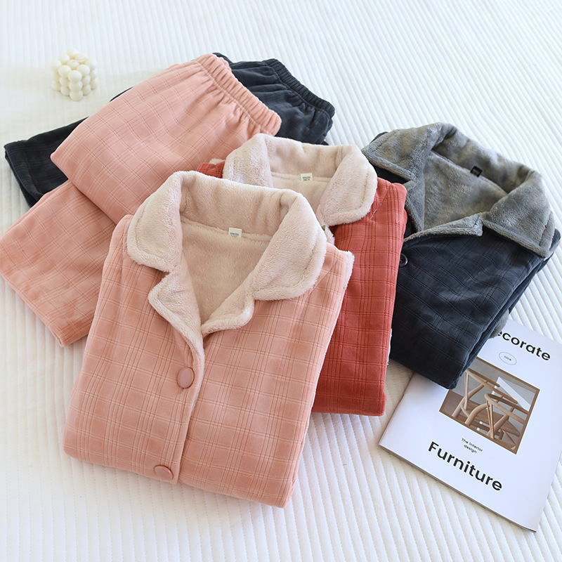情侣暖暖睡衣秋冬加厚复合绒家居服男女翻领简约大码居家服可外出