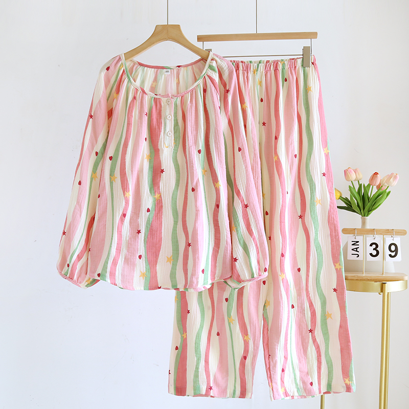 网红爆款睡衣纯棉纱布圆领长袖长裤两件套靓丽彩色条纹甜美家居服