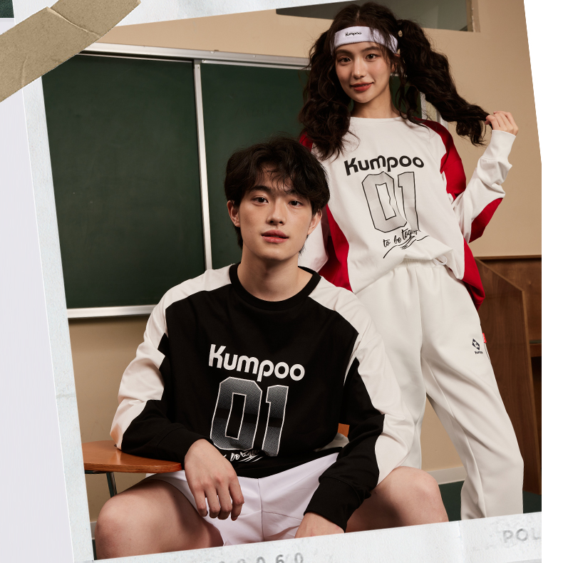 KUMPOO/薰风24年秋季美式拼接插肩图案长袖T恤宽松卫衣情侣款3158
