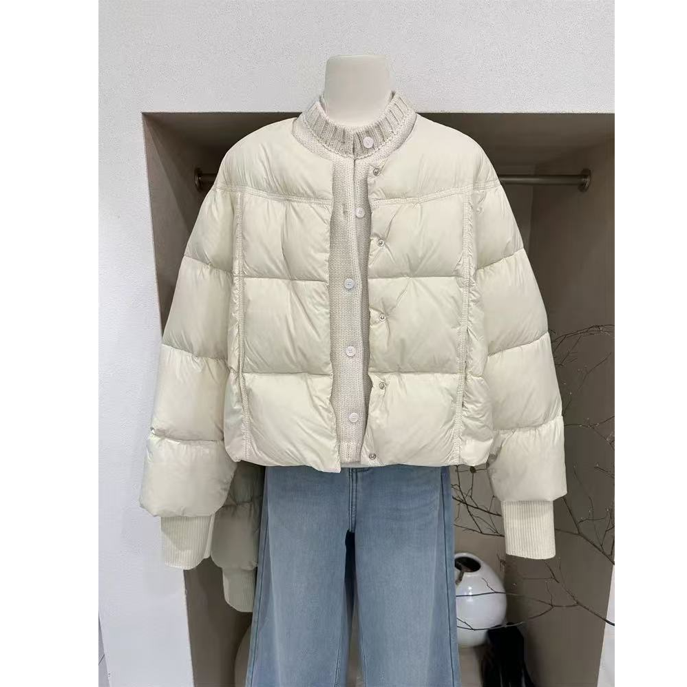针织拼接单排扣棉服面包服女冬季新品加厚保暖短外套