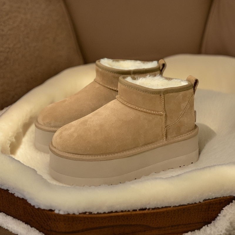 厚底雪地靴桑坡村羊皮毛一体短筒增高加厚保暖真皮女式女款冬季鞋