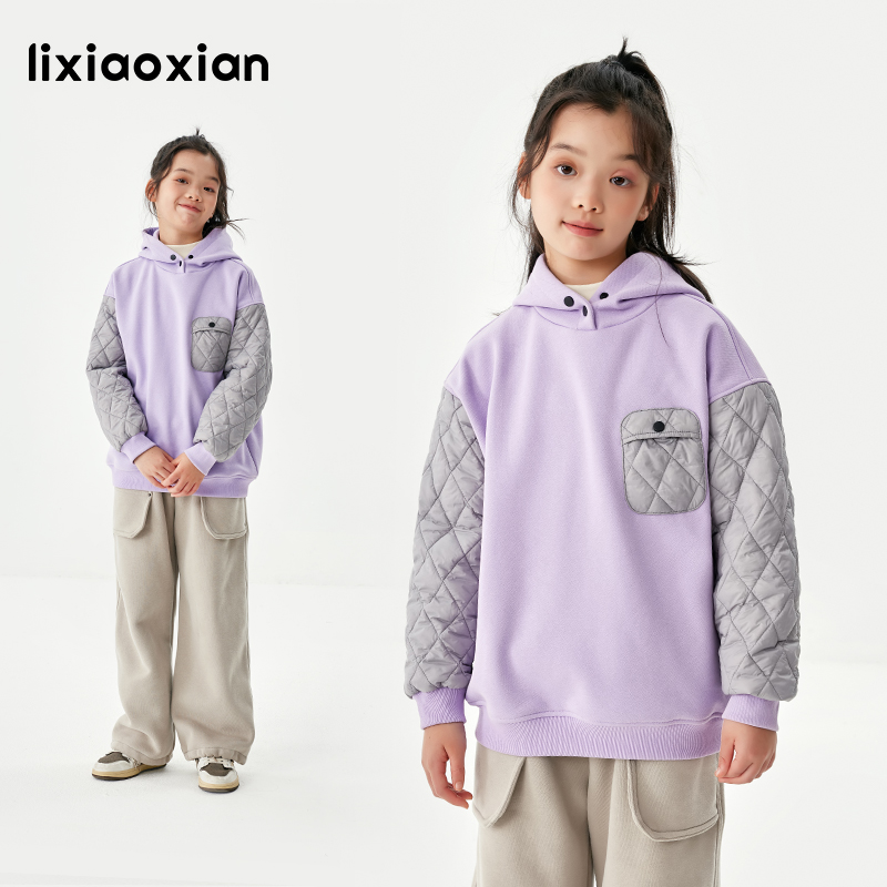 梨小闲女童洋气拼接袖加绒卫衣中大童夹棉上衣儿童连帽卫衣潮