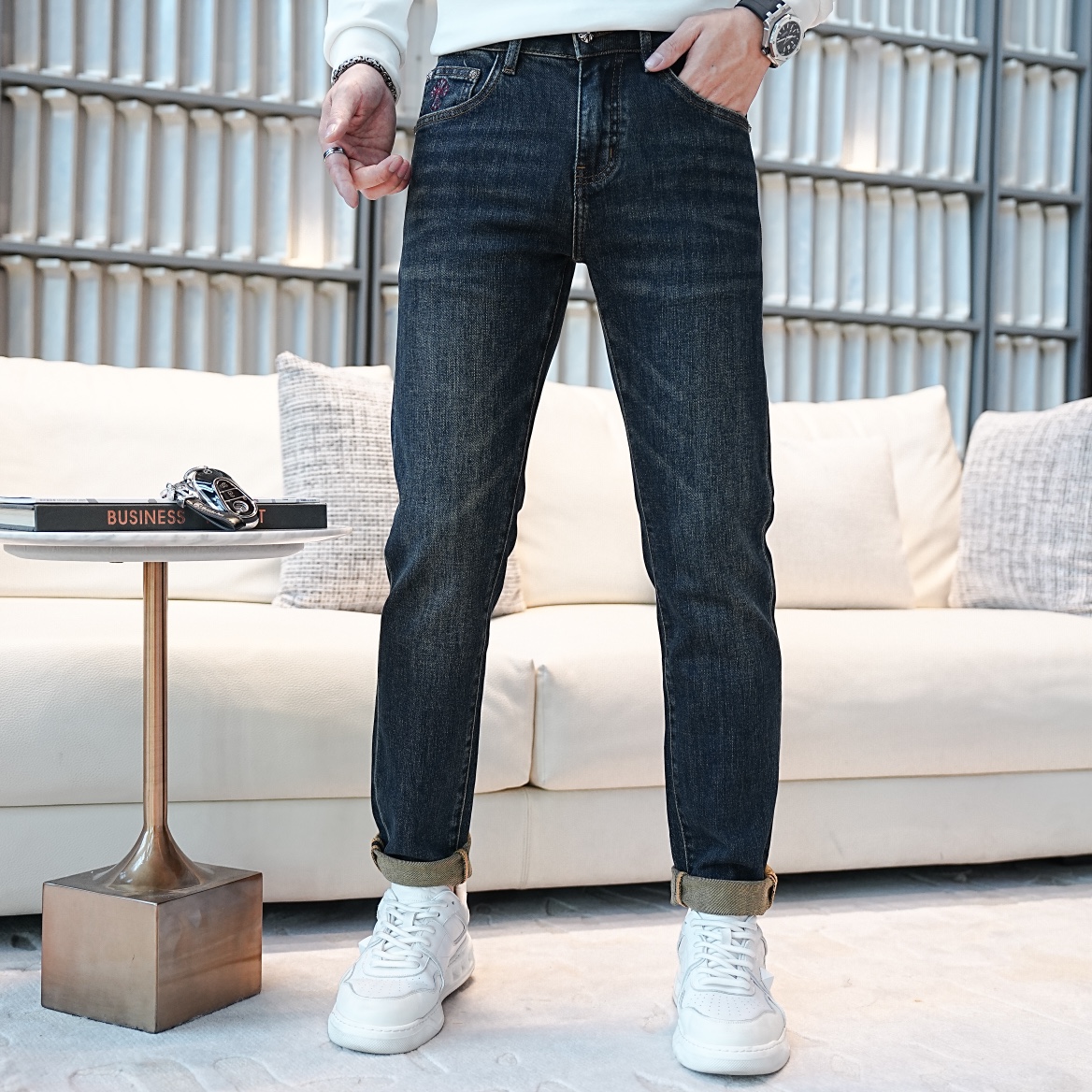 29036秋冬新款修身直筒牛仔裤男士百搭弹力休闲长裤
