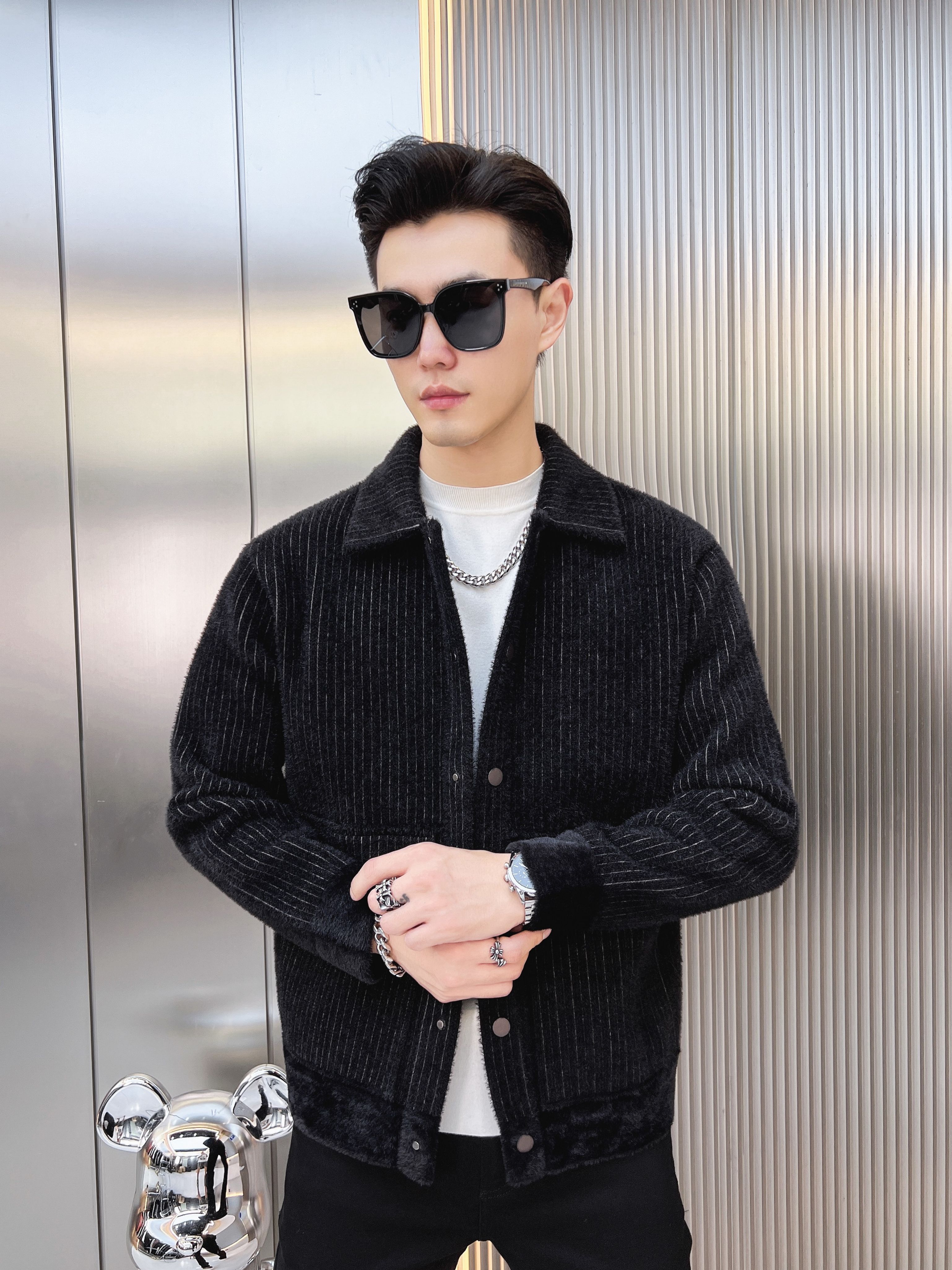 【2181】爆款冬季男装外套加厚大衣仿水貂男士外套休闲翻领开衫帅气