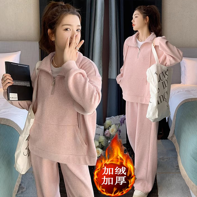 哺乳装秋冬季时尚辣妈款加绒加厚休闲卫衣阔腿裤母乳喂奶衣两件套