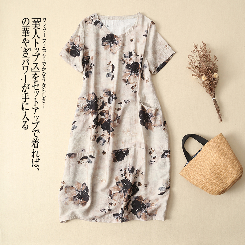 996水墨印花新款碎花大摆天丝麻连衣裙