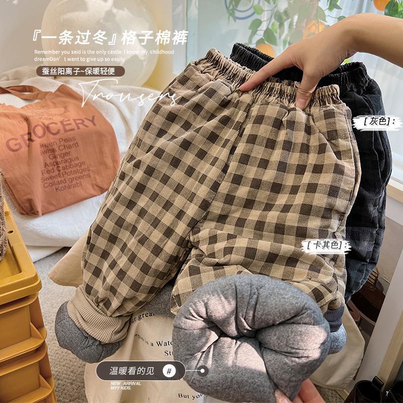 小童灰色一条过冬韩版男女童裤子阳离子棉裤冬款儿童格子保暖加厚