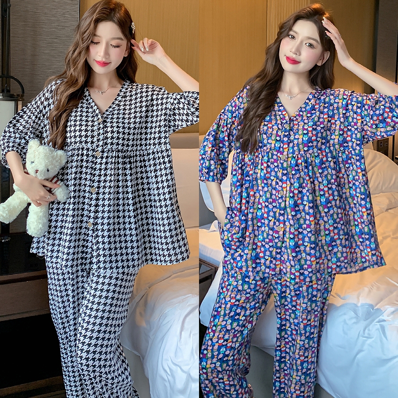 韩版中青年开衫棉绸睡衣女士夏季空调服薄款中袖家居服两件套装