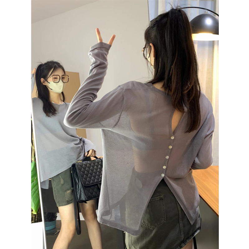 设计感后背开衩薄款冰丝罩衫女夏季新款宽松针织T恤长袖上衣百搭