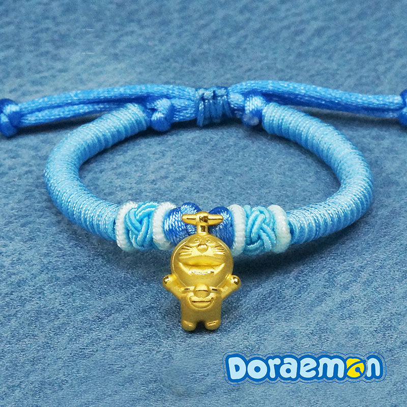 黄金999足金3D硬金机器猫竹蜻蜓手链手绳吊坠儿童金饰女款蓝胖子