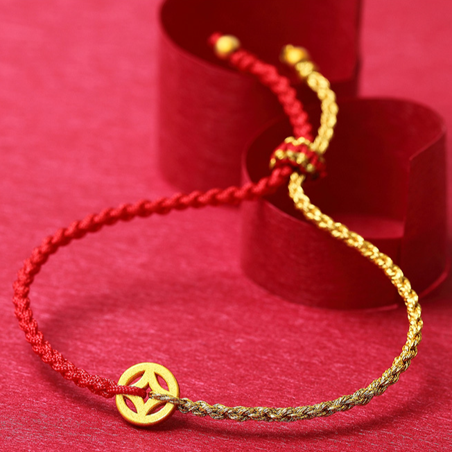 黄金钱币红绳手链女小圆牌999足金转运珠龙年本命年编织闺蜜手绳
