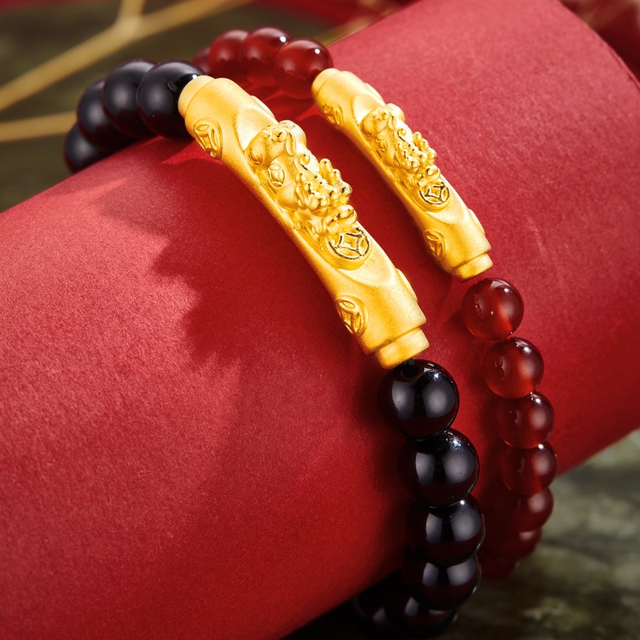 黄金999足金招财貔貅转运珠手链男女情侣款时尚貔犰恘七夕节礼物