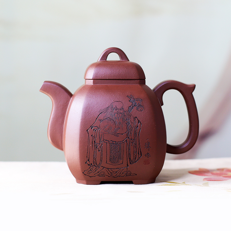 宜兴紫砂壶高工手工作品蔡利平手制福临八方壶寿星刻绘款