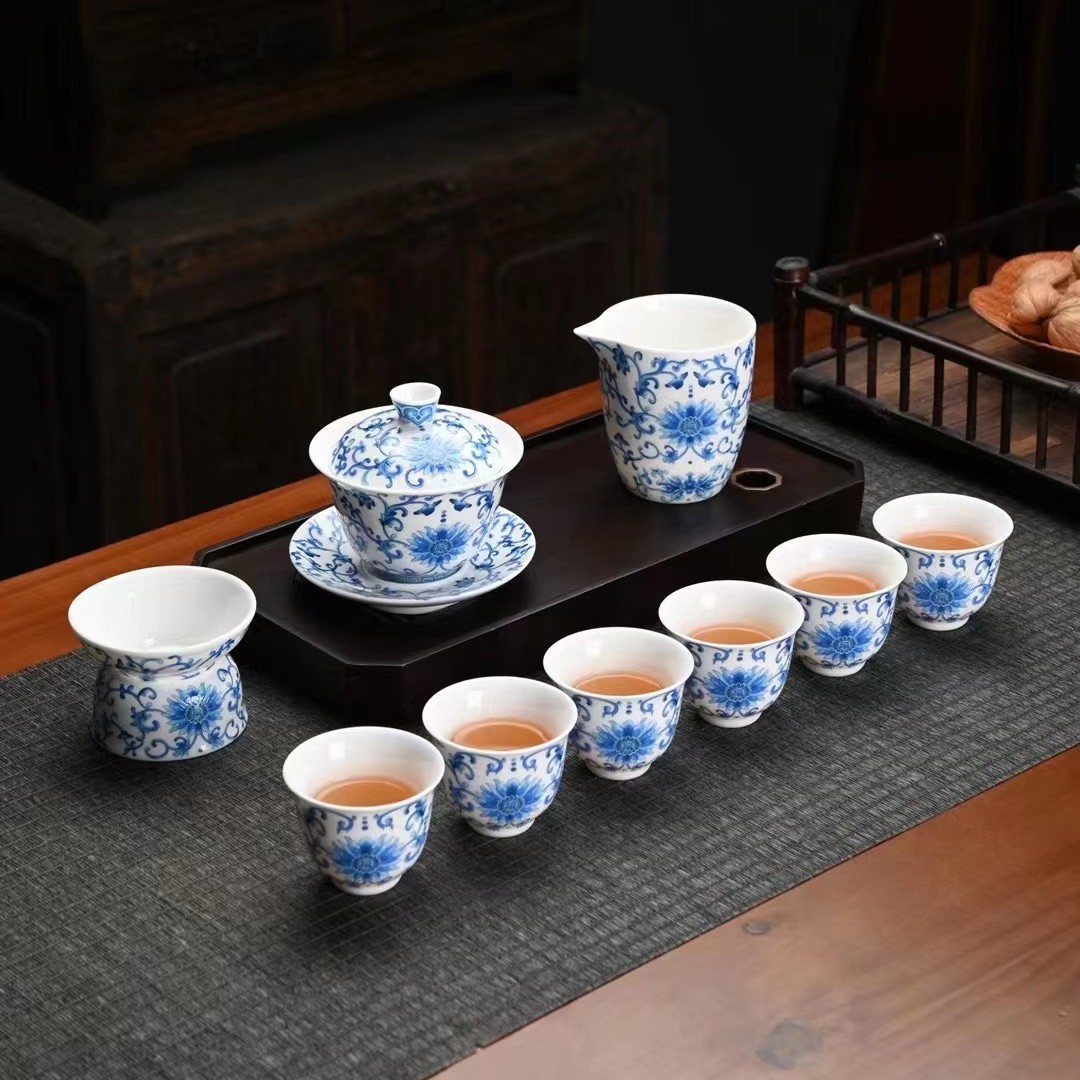 羊脂玉青花功夫茶具套组三才盖碗家用会客国潮风复古全套送礼盒