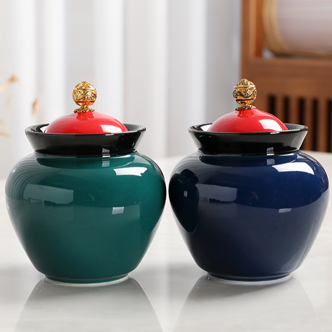 陶瓷色釉官帽茶叶罐小号一两装中式普洱茶红茶绿茶密封罐储物罐