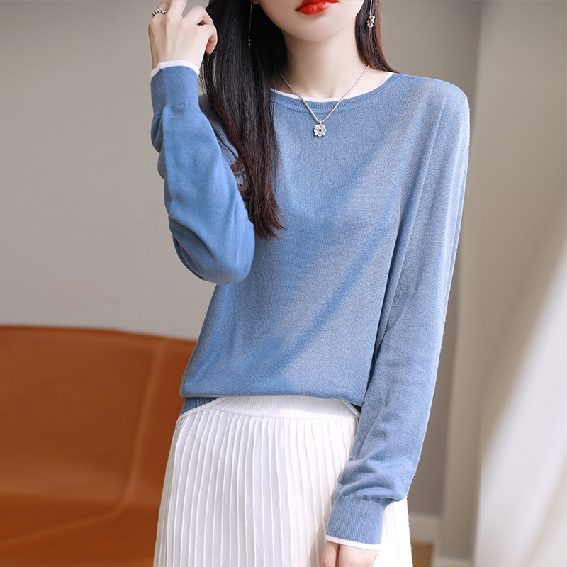 拼色长袖薄款针织衫女秋款莱赛尔天丝打底衫针织长袖上衣