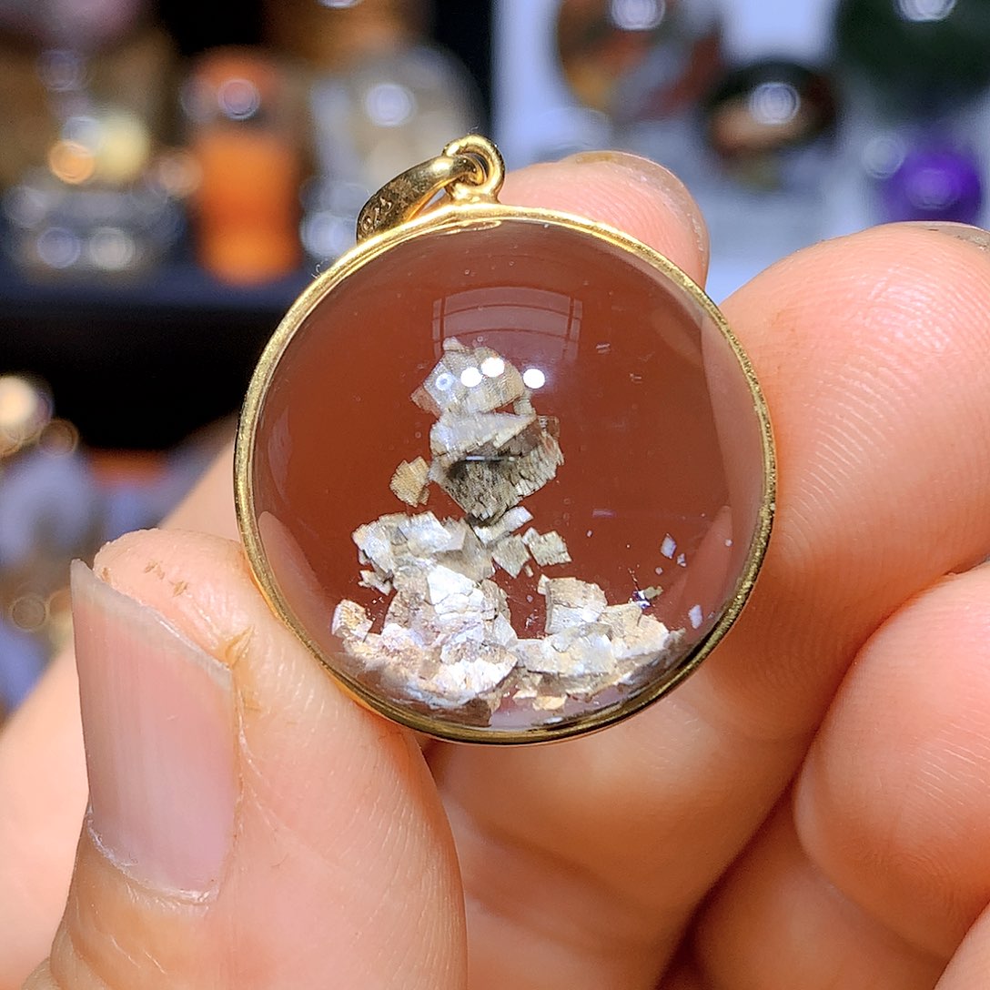 水晶吊坠银S925镀金镶嵌天然水晶