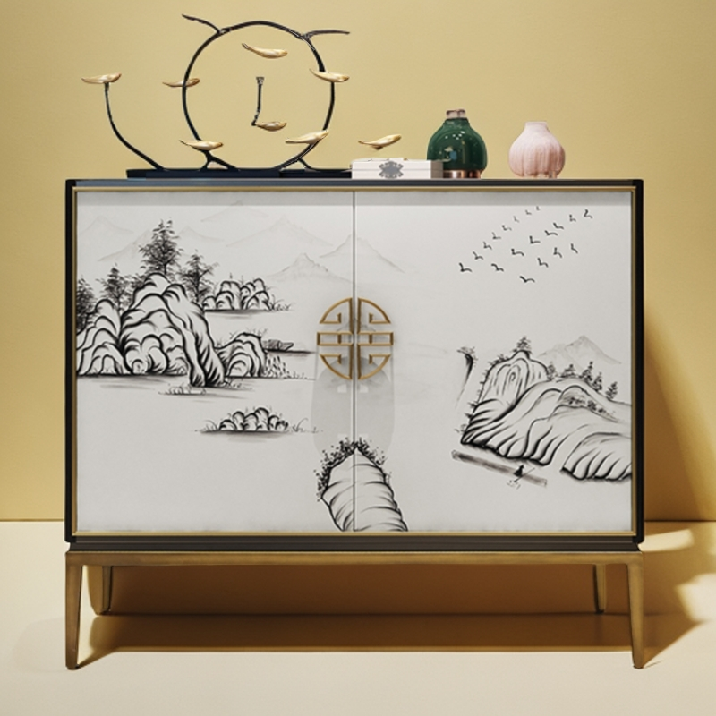 美式客厅家用收纳柜大容量隔断门厅柜明清手绘新中式玄关柜储物柜