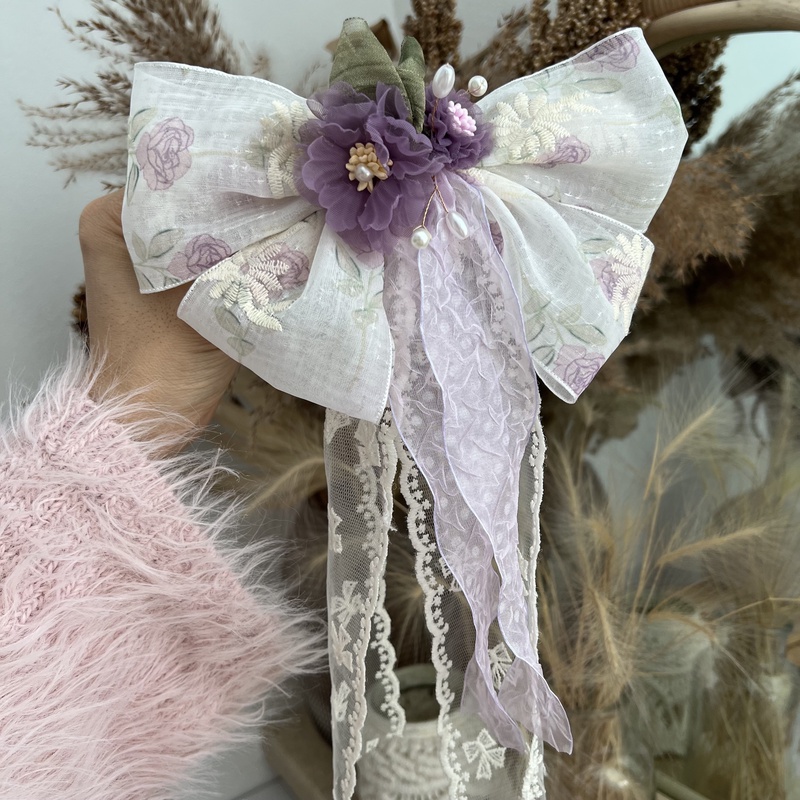 20833w早春田园碎花紫色花花飘带蝴蝶结弹簧夹发夹