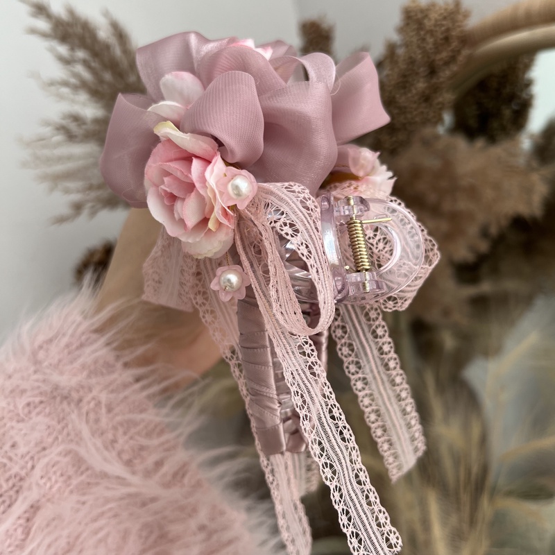 20841k藕粉花束飘带花花抓夹11cm抓夹