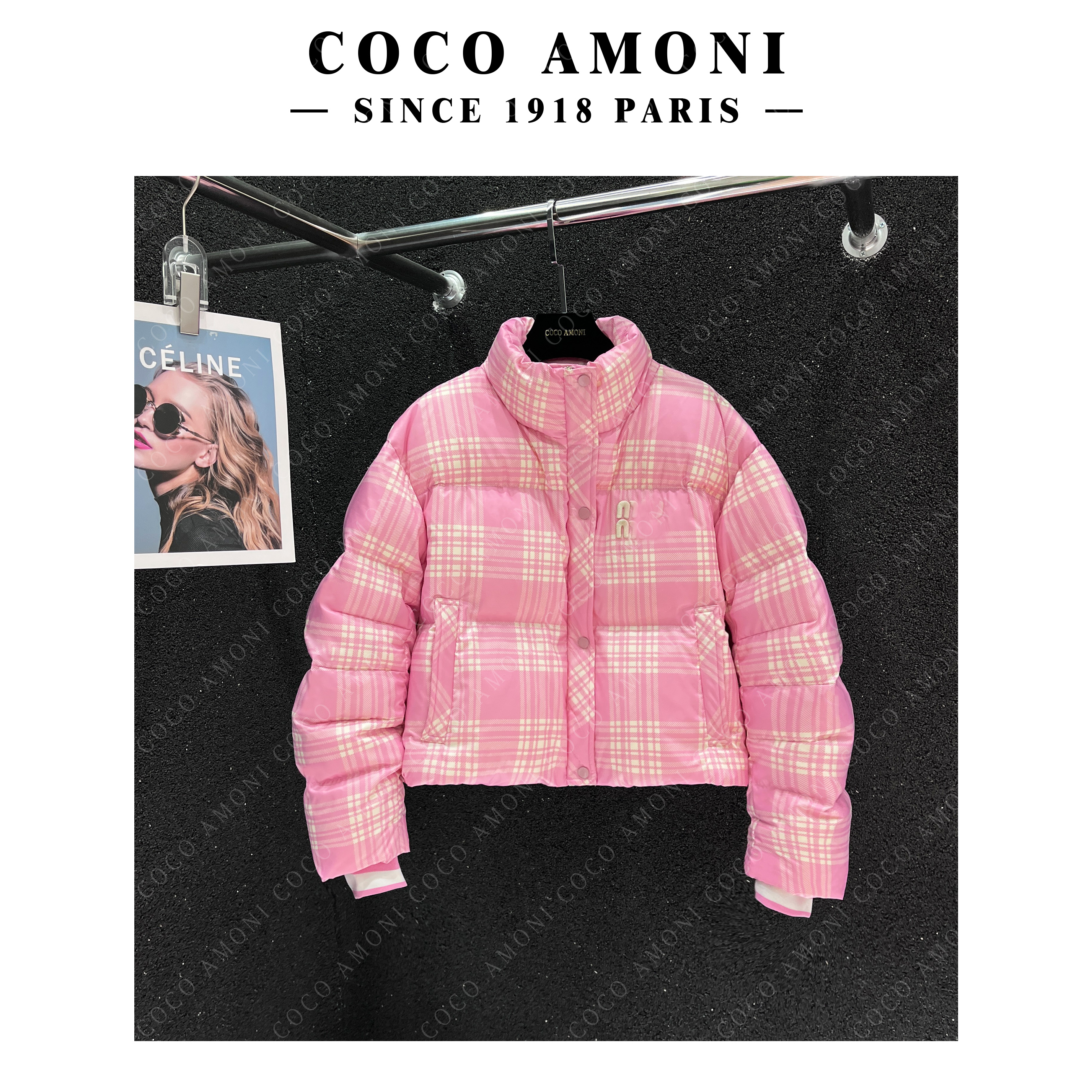 【YAN】粉色格纹立领拉链款宽松时尚字母刺绣保暖短款羽绒服YR039